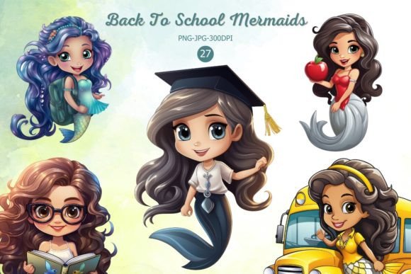 Watercolor Cute Back to School Mermaids
